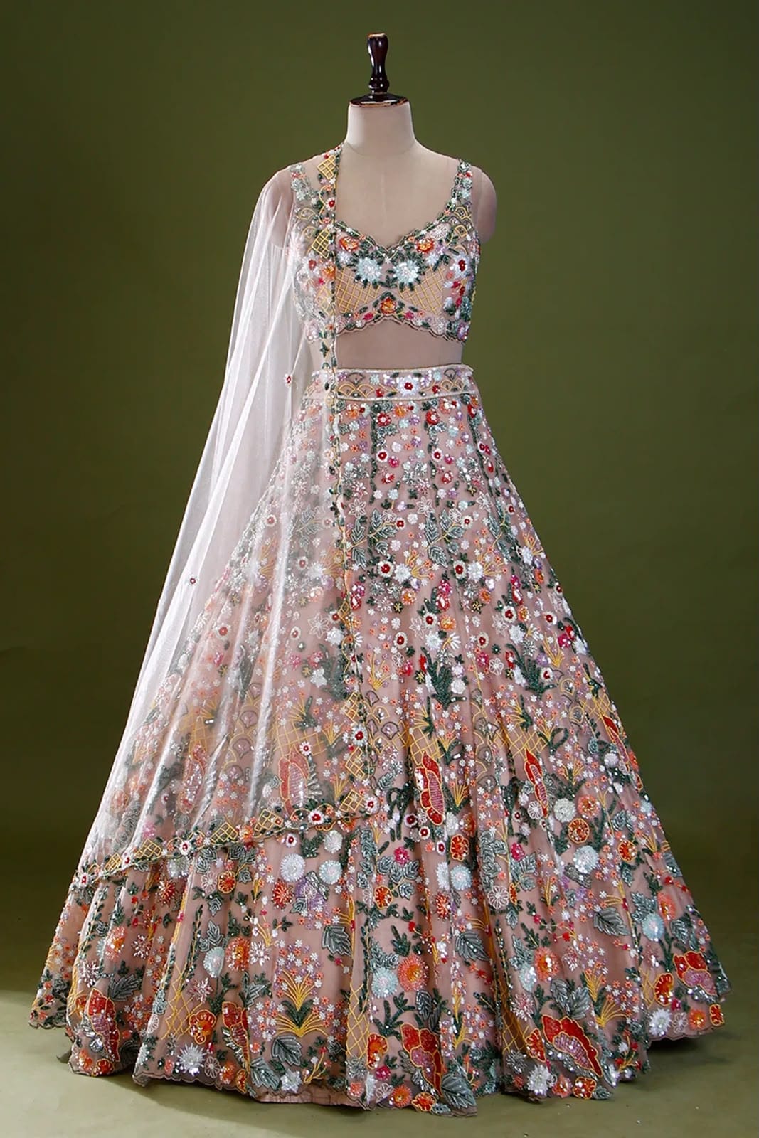 Peach Multi-Thread & Sequins Embroidered Butterfly Soft Net Designer Bridal Lehenga Choli Set
