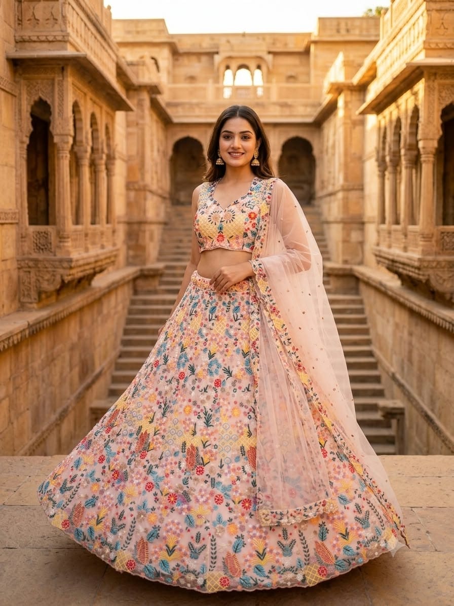Peach Multi-Thread & Sequins Embroidered Butterfly Soft Net Designer Bridal Lehenga Choli Set