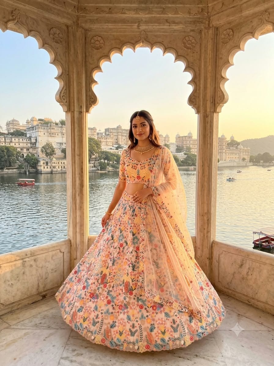 Peach Multi-Thread & Sequins Embroidered Butterfly Soft Net Designer Bridal Lehenga Choli Set