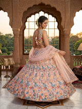 Peach Multi-Thread & Sequins Embroidered Butterfly Soft Net Designer Bridal Lehenga Choli Set