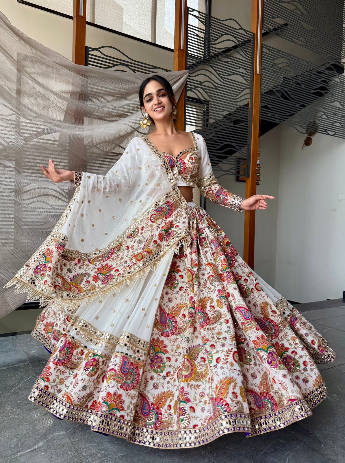 White & Multi-Color Printed Faux Georgette Designer Lehenga Choli with Sequins, Foil Mirror & Zari Gotta Work Set