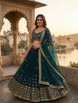 Rama Green Heavy Embroidery & Sequins Work Premium Georgette Designer Lehenga Choli Set