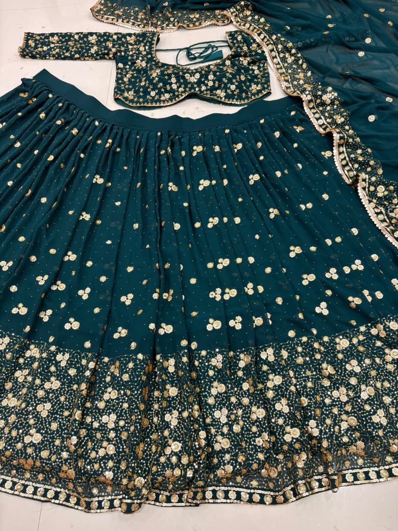 Rama Green Heavy Embroidery & Sequins Work Premium Georgette Designer Lehenga Choli Set