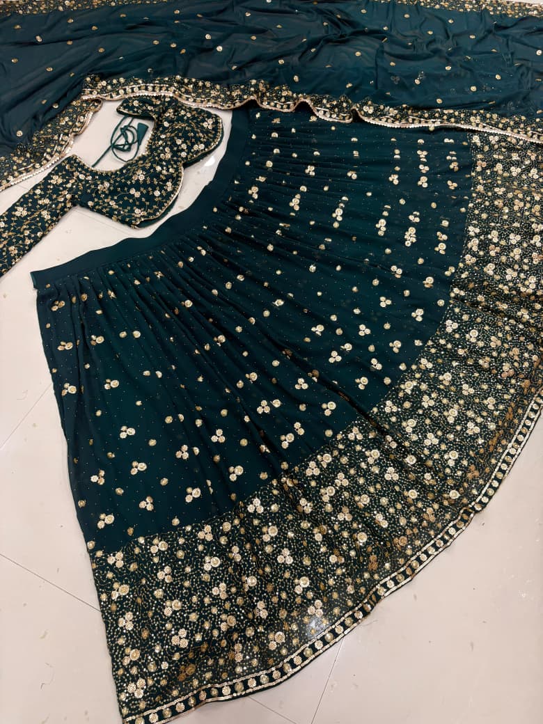 Rama Green Heavy Embroidery & Sequins Work Premium Georgette Designer Lehenga Choli Set