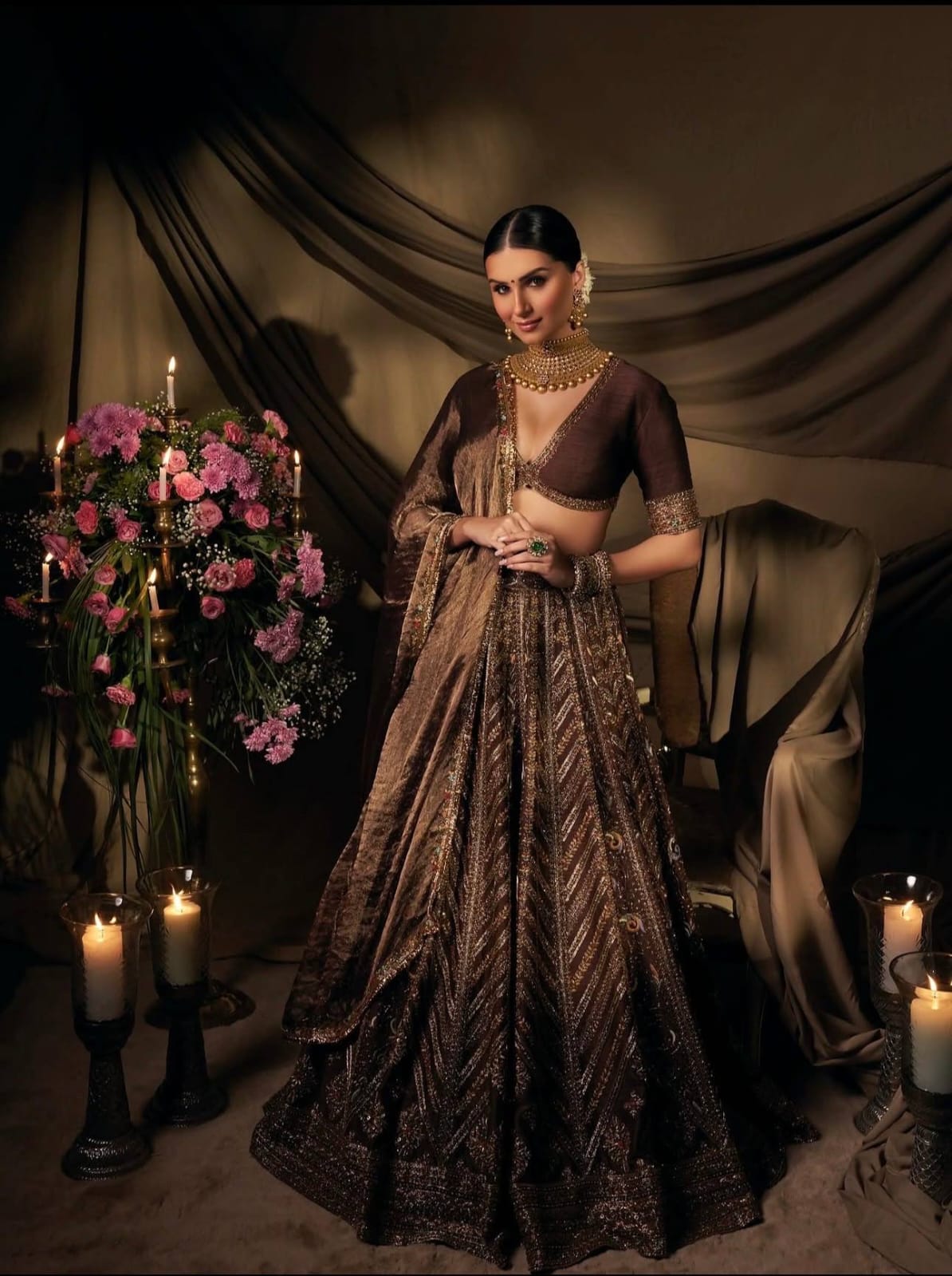 Rich Coffee Brown Heavy Thread, Sequins & Dori Embroidered Thai Silk Designer Bridal Lehenga Choli Set