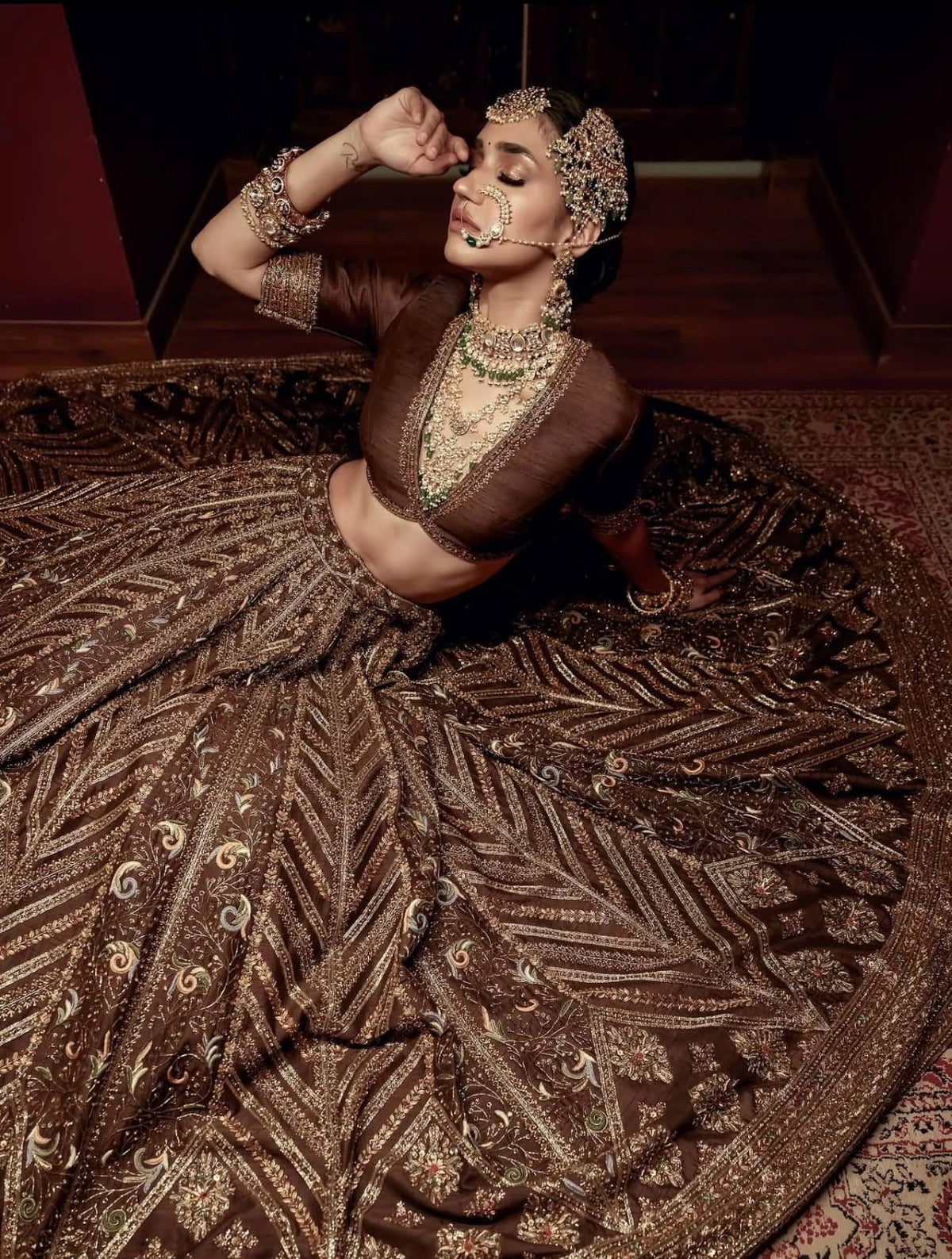 Rich Coffee Brown Heavy Thread, Sequins & Dori Embroidered Thai Silk Designer Bridal Lehenga Choli Set