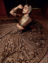 Rich Coffee Brown Heavy Thread, Sequins & Dori Embroidered Thai Silk Designer Bridal Lehenga Choli Set