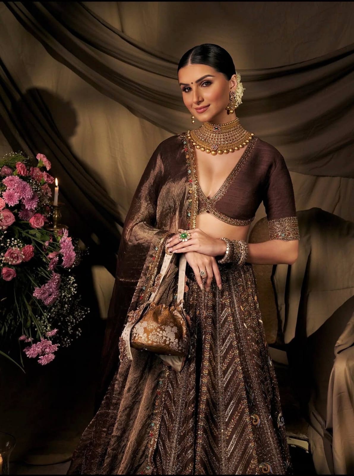 Rich Coffee Brown Heavy Thread, Sequins & Dori Embroidered Thai Silk Designer Bridal Lehenga Choli Set