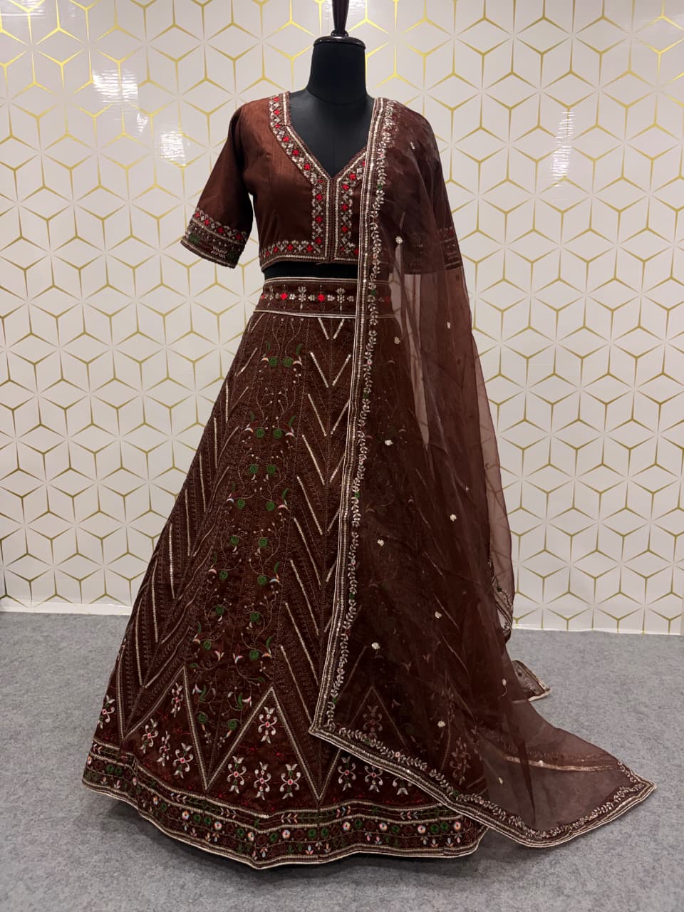 Rich Coffee Brown Heavy Thread, Sequins & Dori Embroidered Thai Silk Designer Bridal Lehenga Choli Set