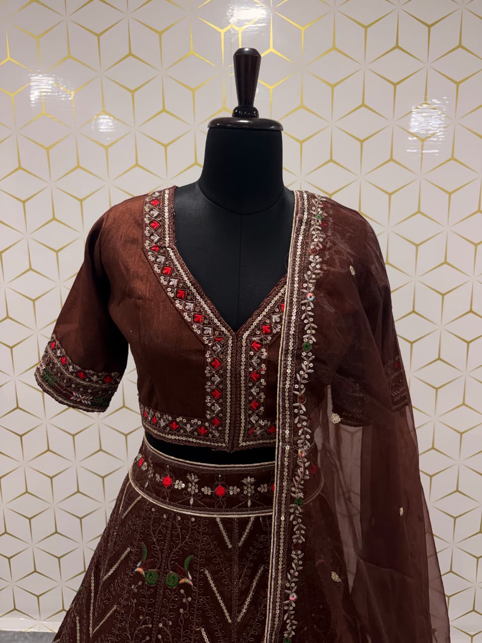 Rich Coffee Brown Heavy Thread, Sequins & Dori Embroidered Thai Silk Designer Bridal Lehenga Choli Set