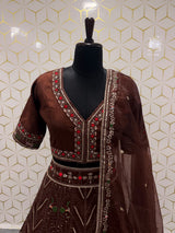 Rich Coffee Brown Heavy Thread, Sequins & Dori Embroidered Thai Silk Designer Bridal Lehenga Choli Set