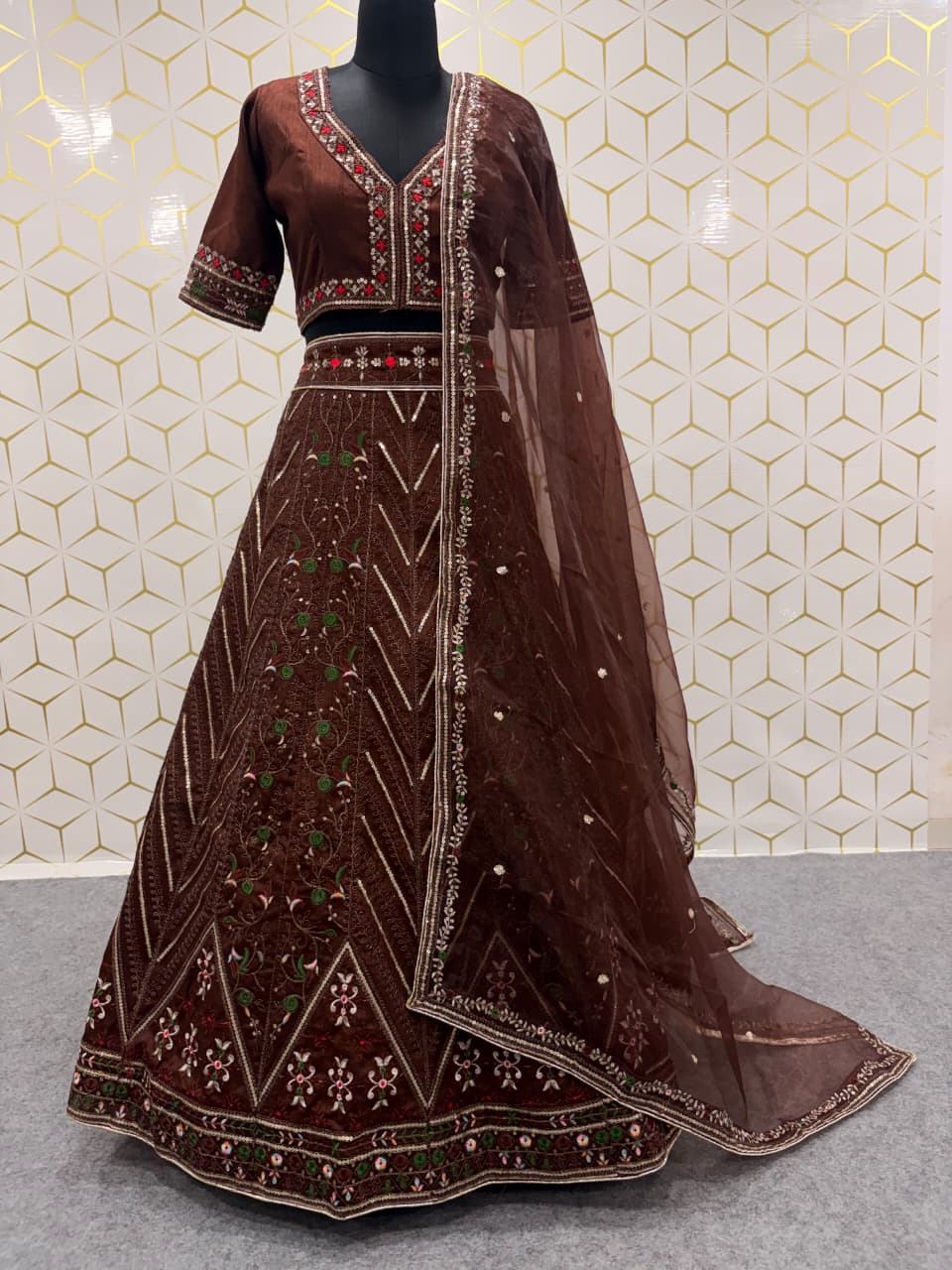 Rich Coffee Brown Heavy Thread, Sequins & Dori Embroidered Thai Silk Designer Bridal Lehenga Choli Set