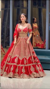 Royal Red Heavy Sequins, Dori & Zari Embroidered Kesariya Satin Bridal Lehenga Choli Set