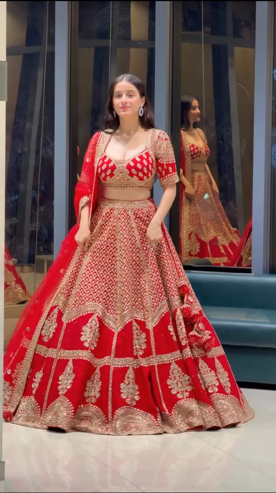 Royal Red Heavy Sequins, Dori & Zari Embroidered Kesariya Satin Bridal Lehenga Choli Set