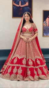 Royal Red Heavy Sequins, Dori & Zari Embroidered Kesariya Satin Bridal Lehenga Choli Set