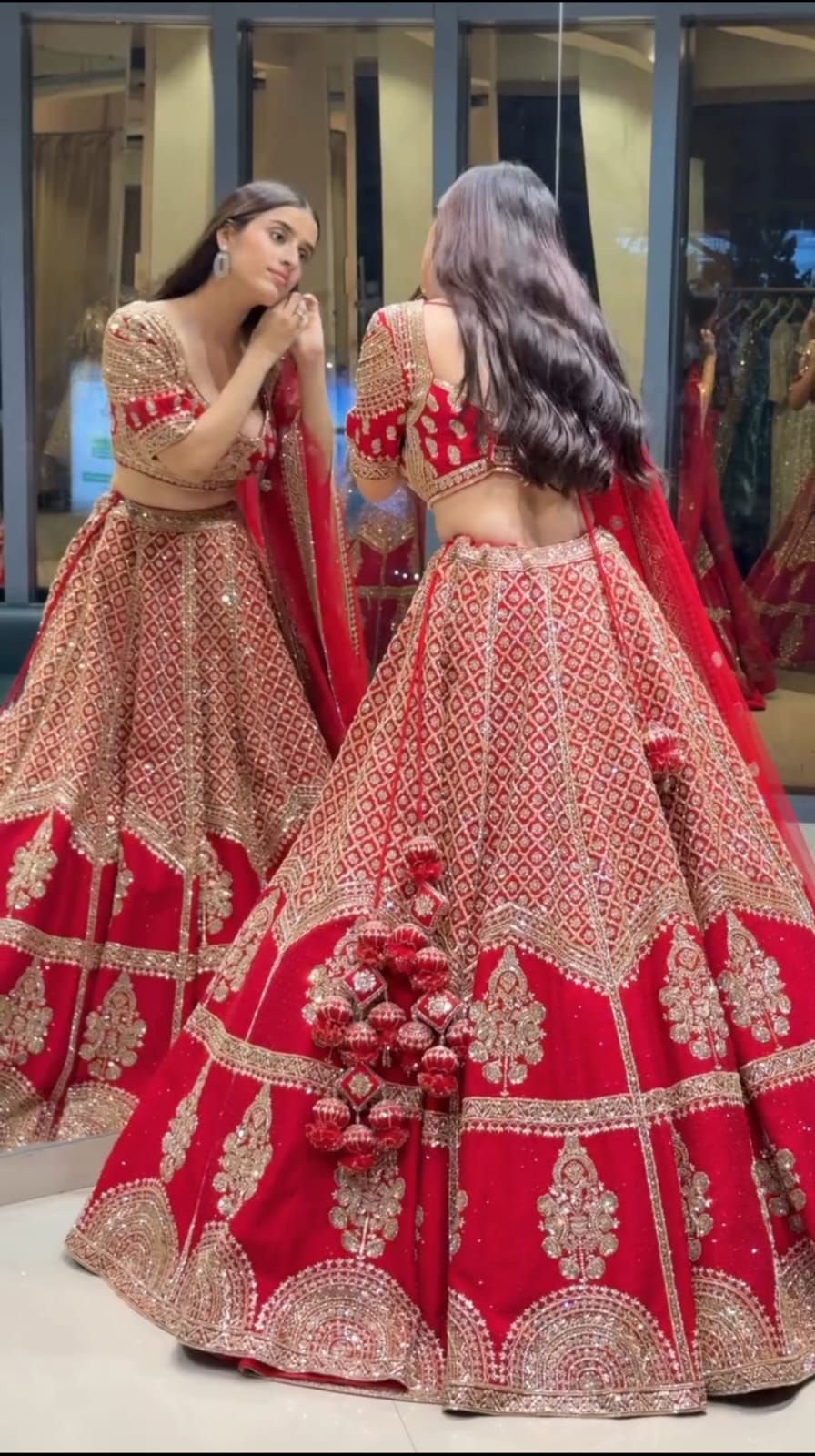 Royal Red Heavy Sequins, Dori & Zari Embroidered Kesariya Satin Bridal Lehenga Choli Set