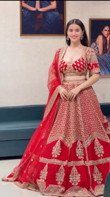 Royal Red Heavy Sequins, Dori & Zari Embroidered Kesariya Satin Bridal Lehenga Choli Set