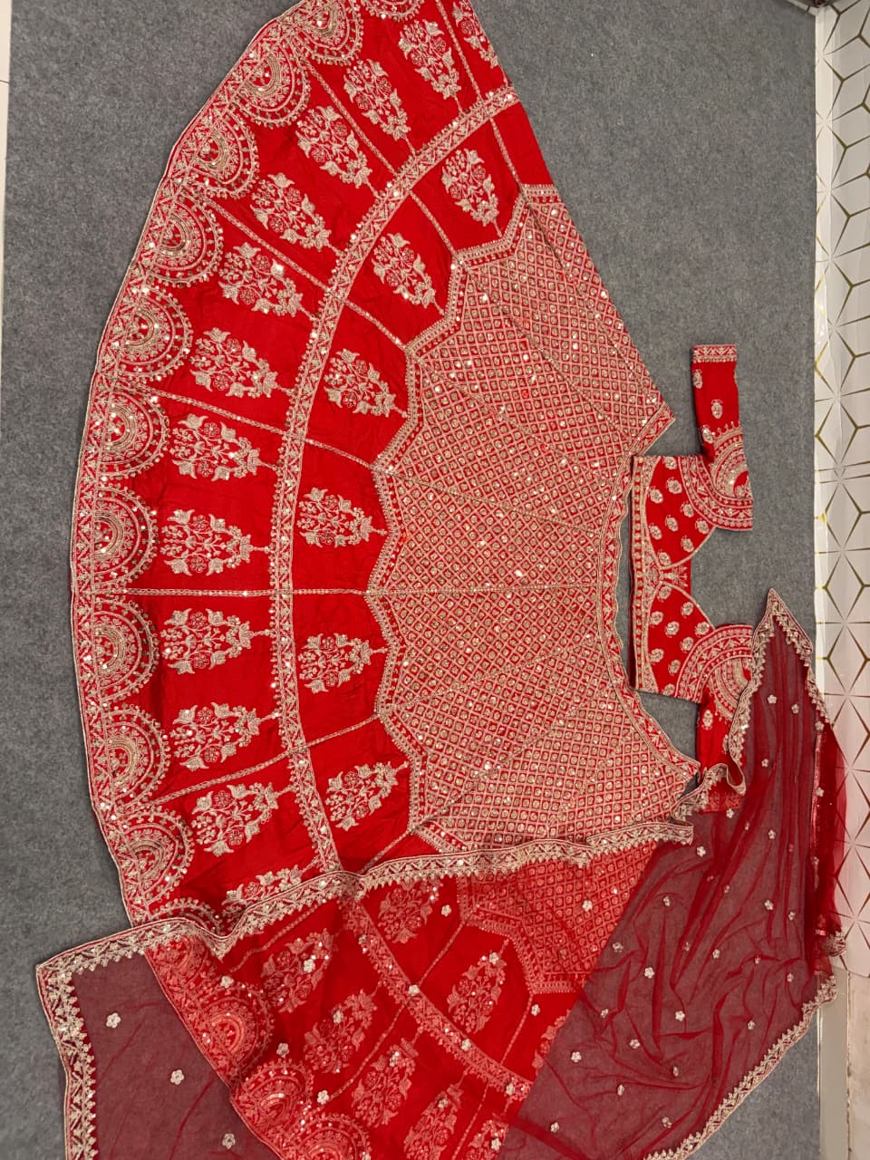 Royal Red Heavy Sequins, Dori & Zari Embroidered Kesariya Satin Bridal Lehenga Choli Set