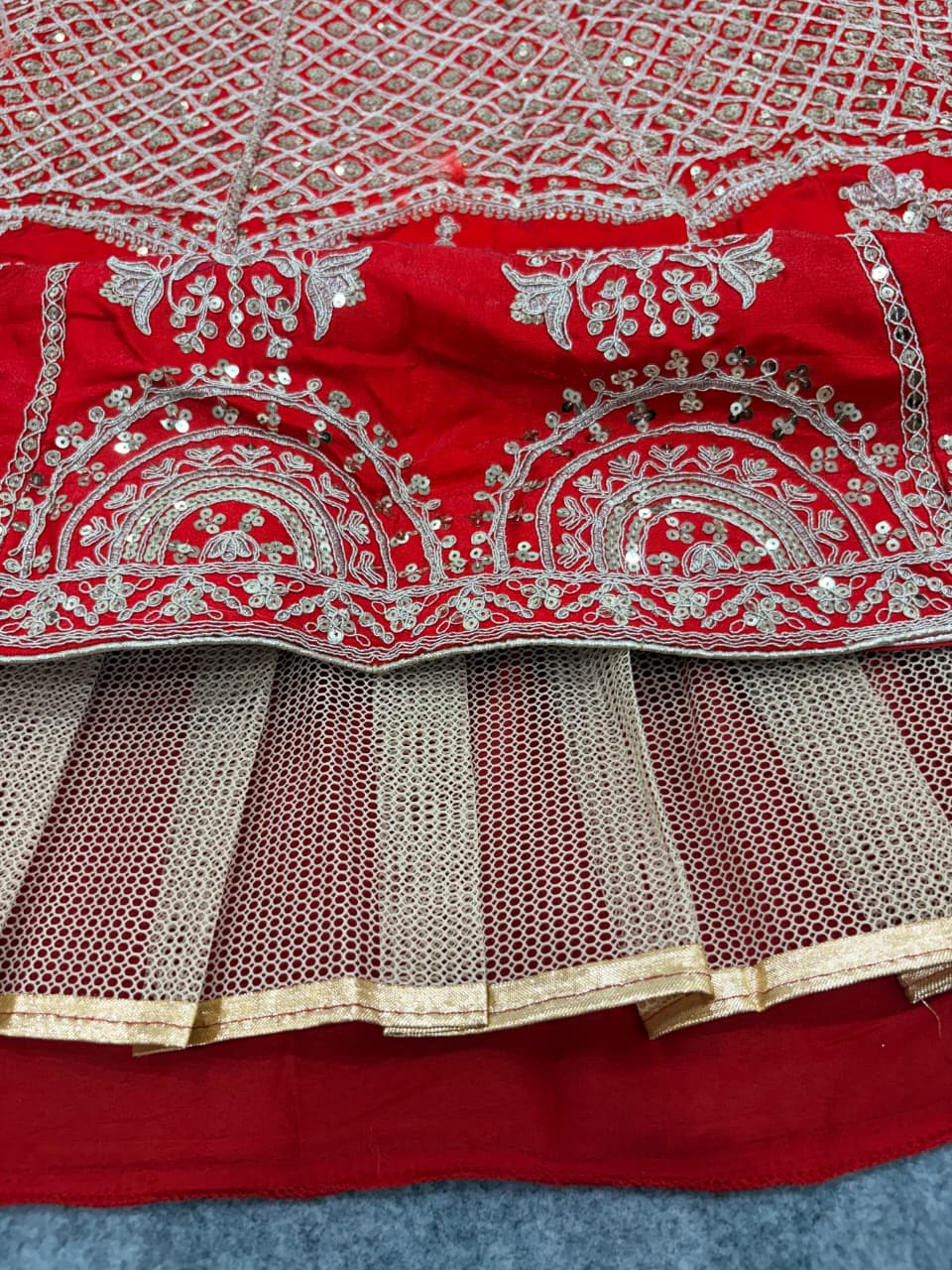 Royal Red Heavy Sequins, Dori & Zari Embroidered Kesariya Satin Bridal Lehenga Choli Set
