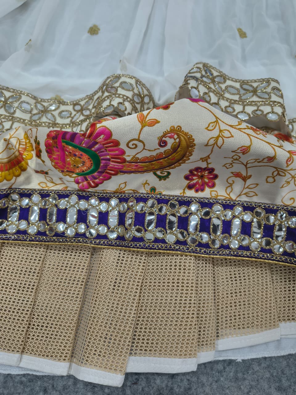 White & Multi-Color Printed Faux Georgette Designer Lehenga Choli with Sequins, Foil Mirror & Zari Gotta Work Set