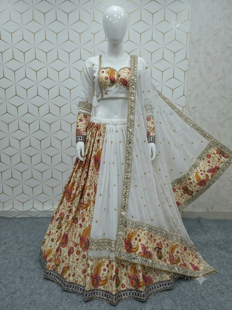 White & Multi-Color Printed Faux Georgette Designer Lehenga Choli with Sequins, Foil Mirror & Zari Gotta Work Set
