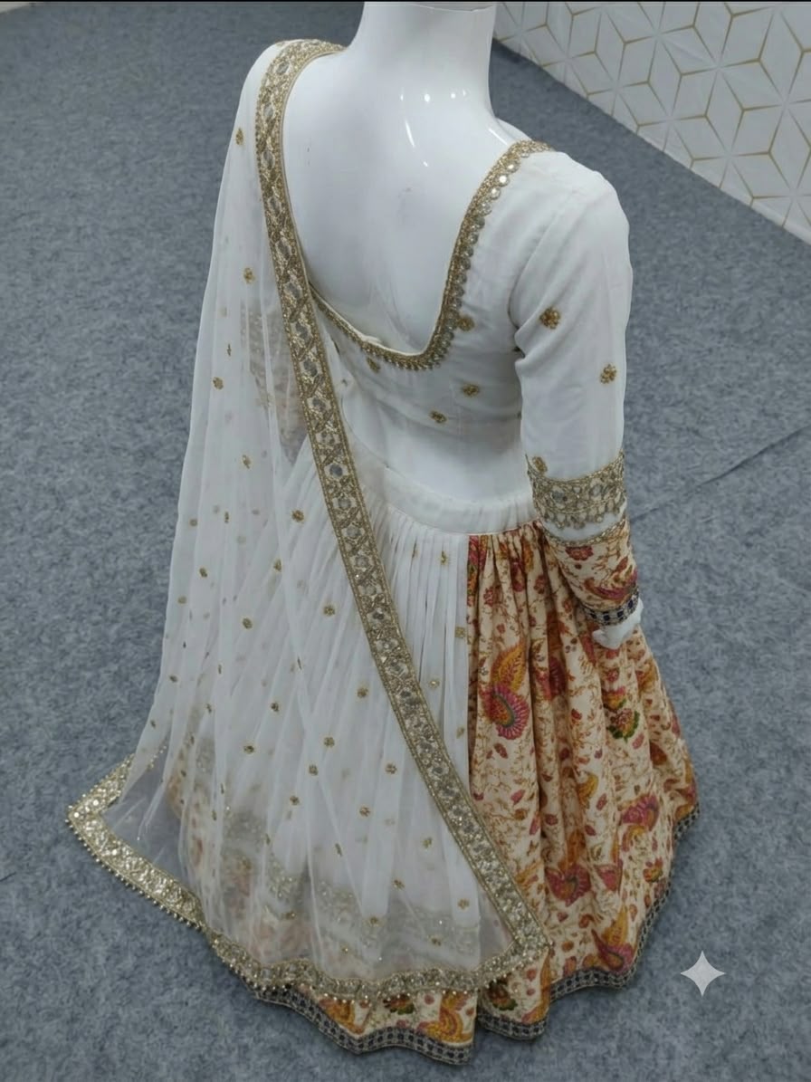 White & Multi-Color Printed Faux Georgette Designer Lehenga Choli with Sequins, Foil Mirror & Zari Gotta Work Set