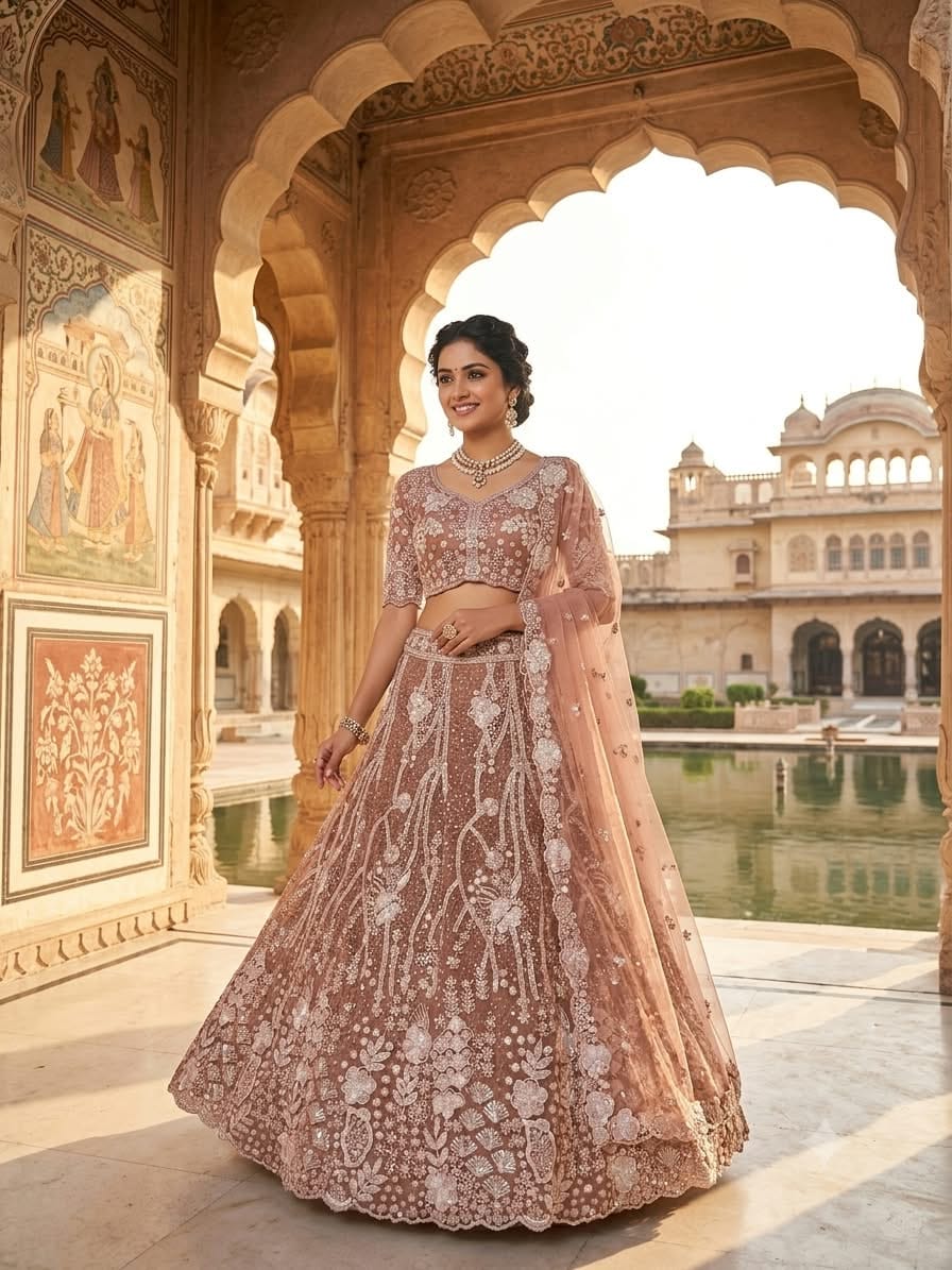 Brown Butterfly Soft Net Heavy Sequins and Dori Work Designer Bridal Lehenga Choli with Soft Net Dupatta