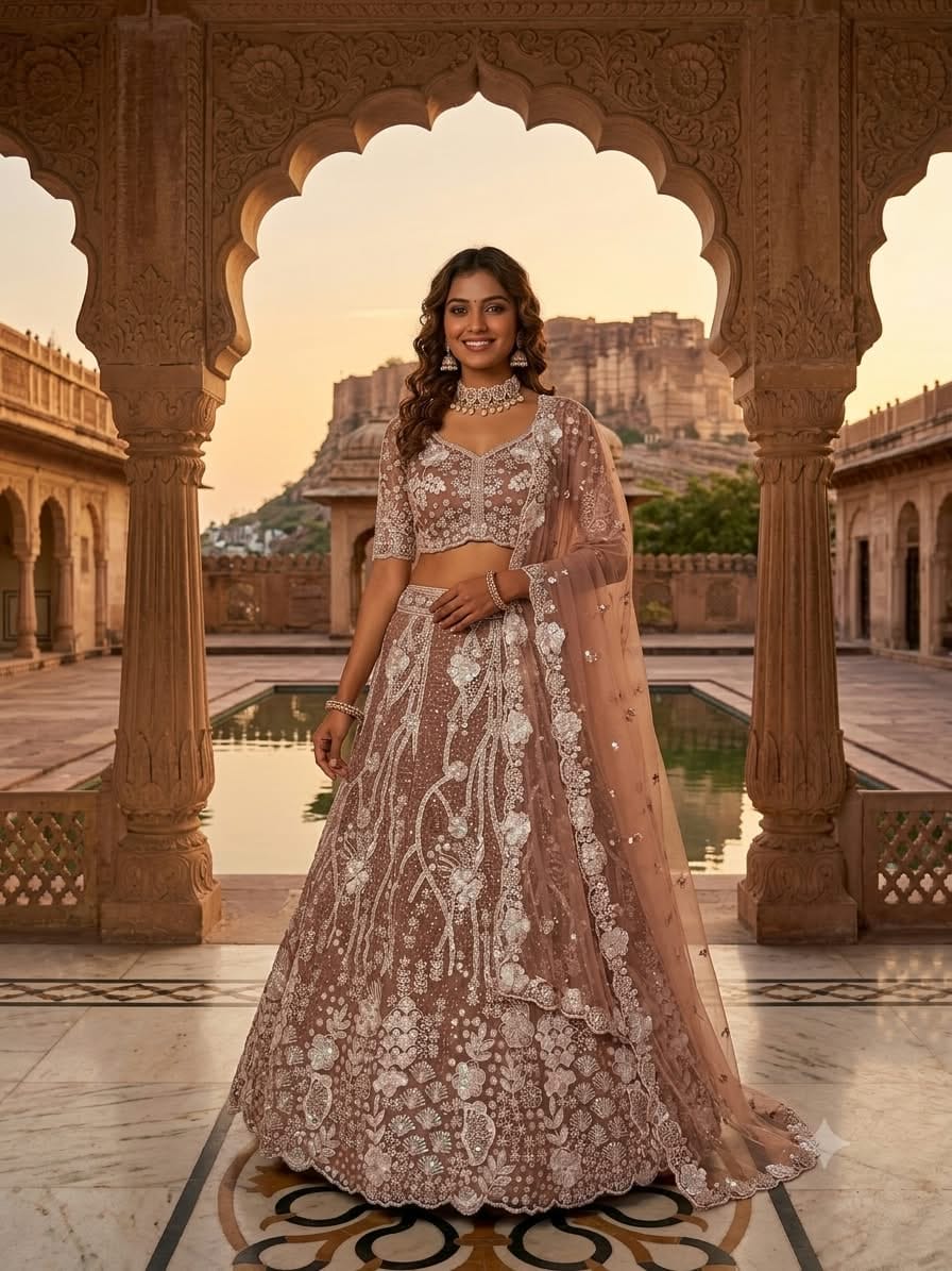 Brown Butterfly Soft Net Heavy Sequins and Dori Work Designer Bridal Lehenga Choli with Soft Net Dupatta