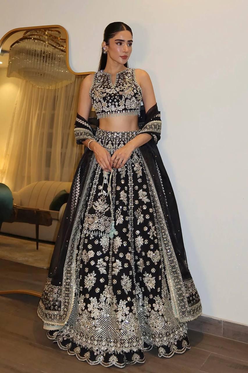 Black Heavy Sequins, Zari & Dori Embroidered Premium Chinon Silk Designer Bridal Lehenga Choli Set