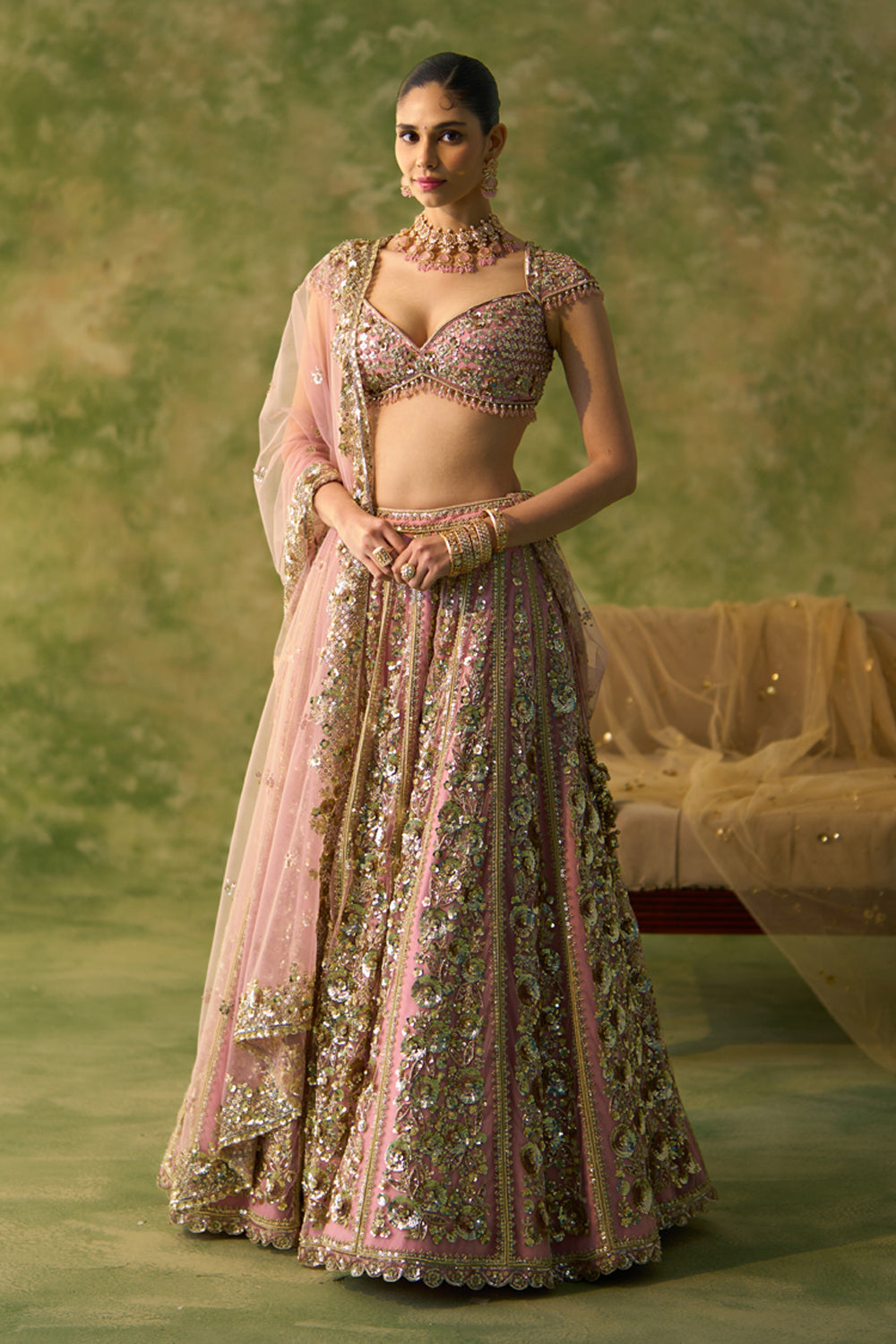 Pink Soft Net Heavy Sequins, Zari & Dori Embroidered Designer Bridal Lehenga Choli Set