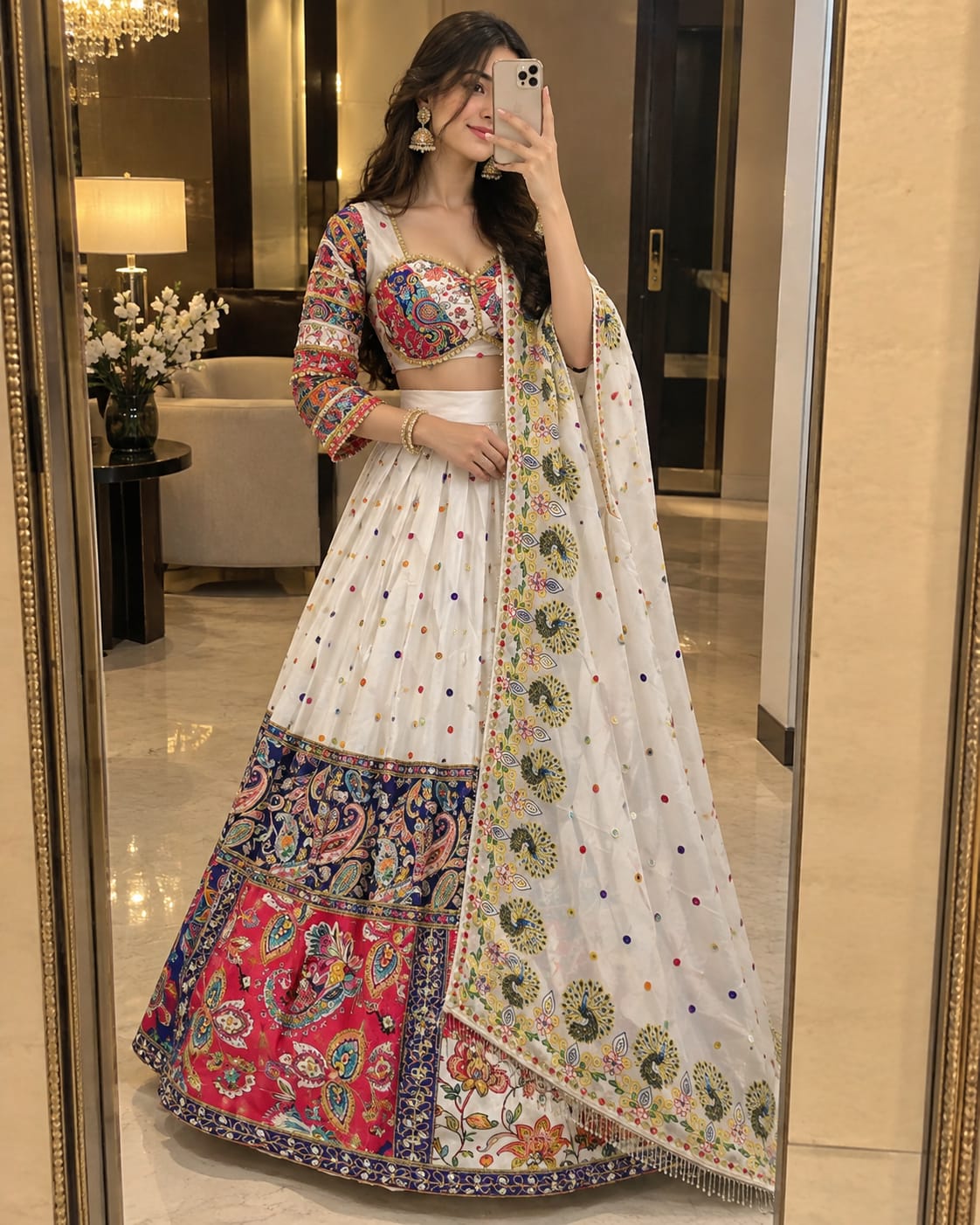 White & Multi-Color Malai Satin Silk Designer Lehenga Choli with Digital Print & Real Mirror Work