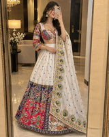 White & Multi-Color Malai Satin Silk Designer Lehenga Choli with Digital Print & Real Mirror Work