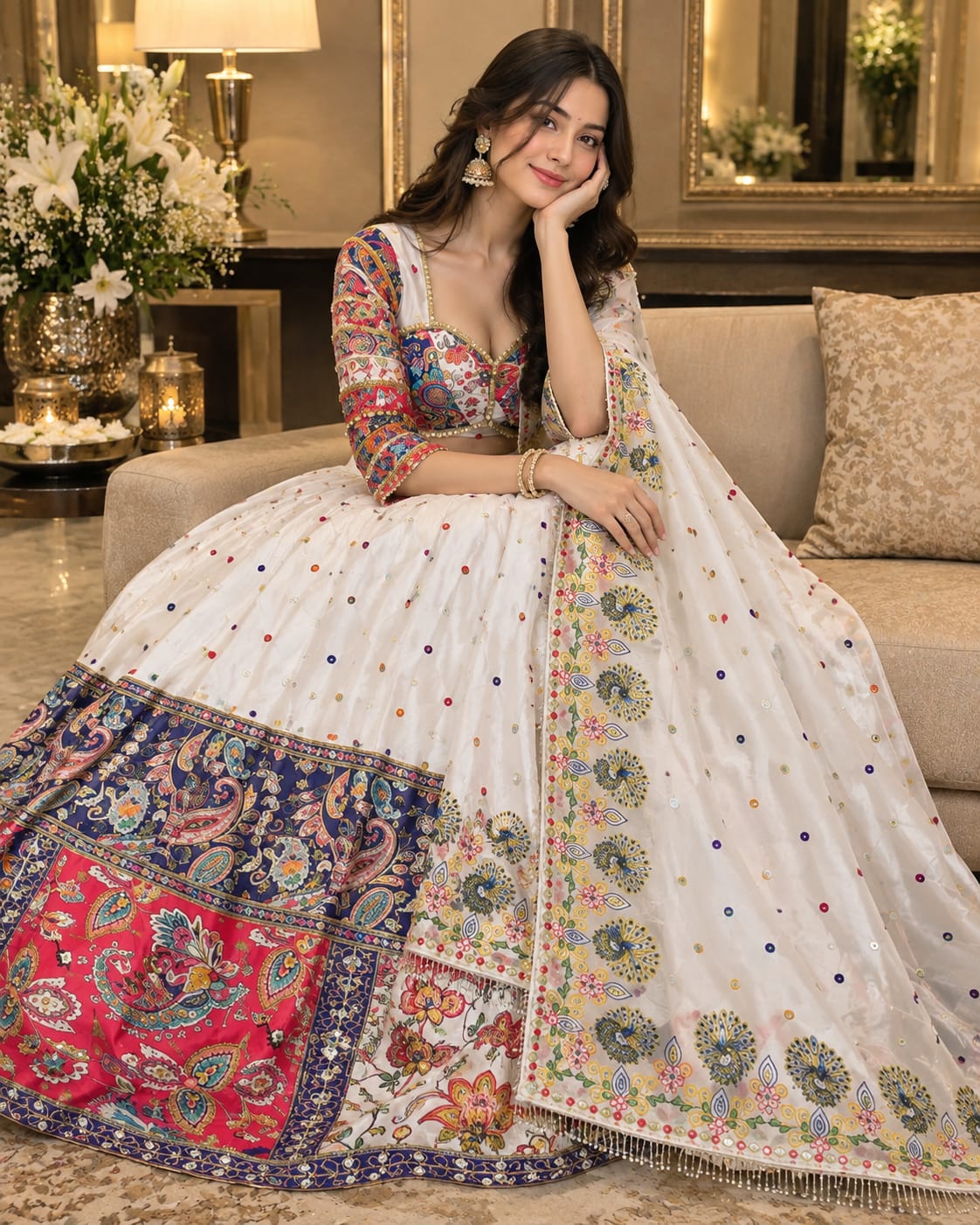 White & Multi-Color Malai Satin Silk Designer Lehenga Choli with Digital Print & Real Mirror Work