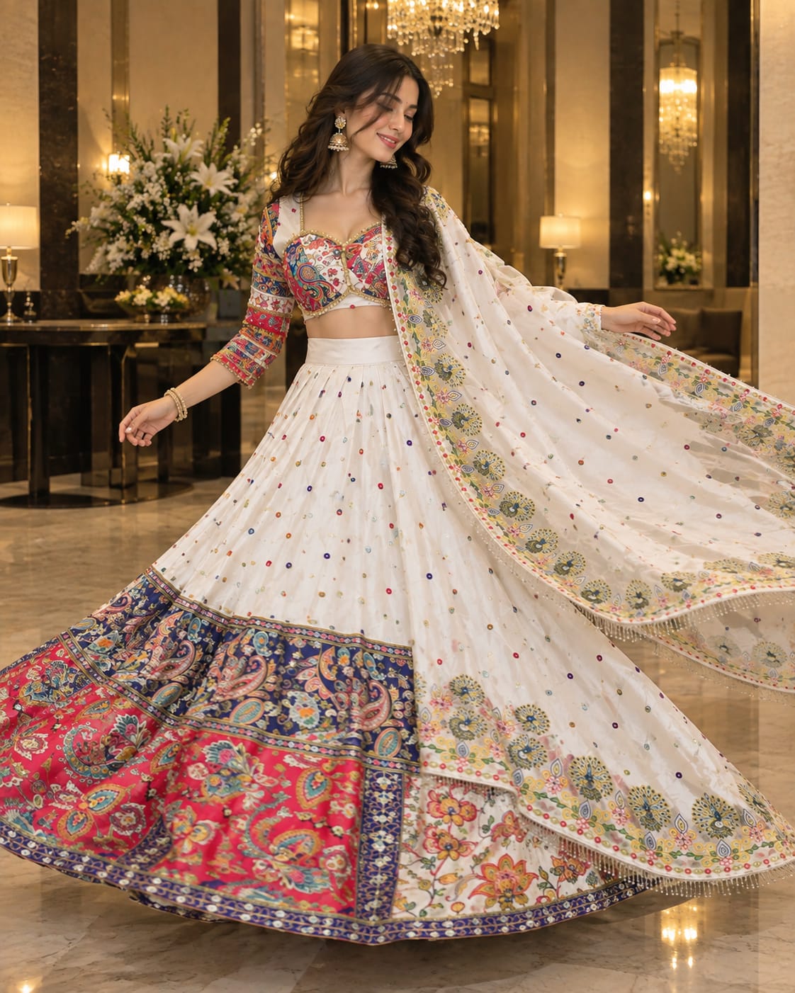 White & Multi-Color Malai Satin Silk Designer Lehenga Choli with Digital Print & Real Mirror Work