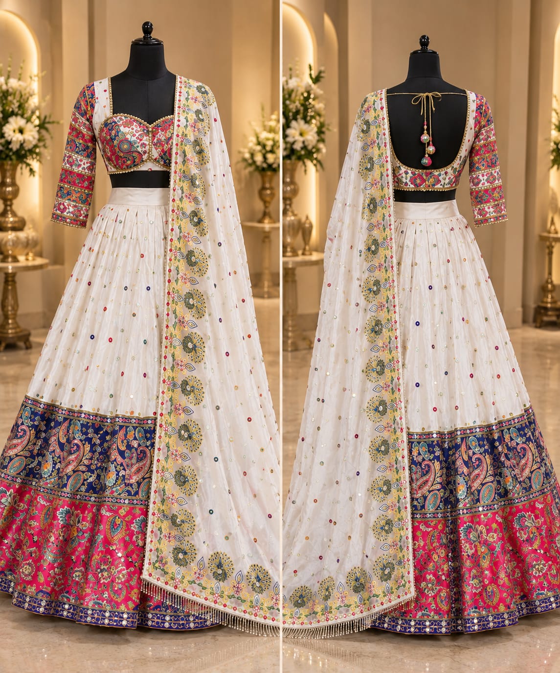 White & Multi-Color Malai Satin Silk Designer Lehenga Choli with Digital Print & Real Mirror Work