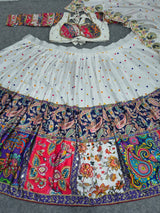 White & Multi-Color Malai Satin Silk Designer Lehenga Choli with Digital Print & Real Mirror Work
