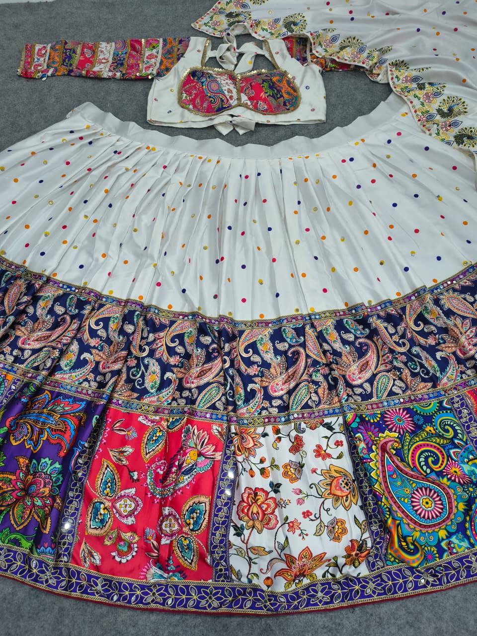 White & Multi-Color Malai Satin Silk Designer Lehenga Choli with Digital Print & Real Mirror Work