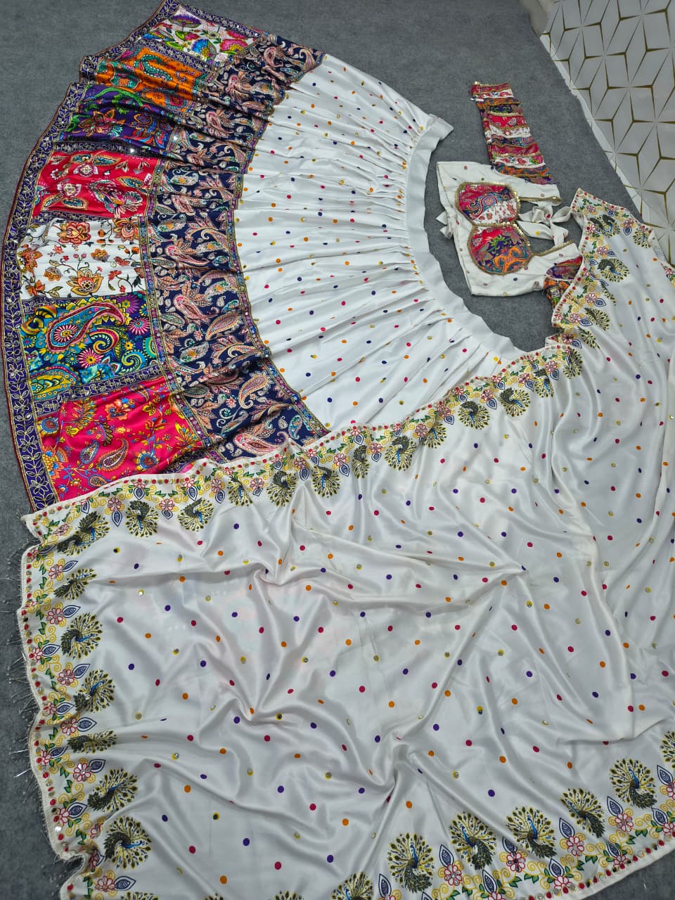 White & Multi-Color Malai Satin Silk Designer Lehenga Choli with Digital Print & Real Mirror Work