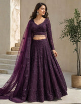 Deep Purple Heavy Sequins & Dori Embroidered Premium Kasturi Silk Bridal Lehenga Choli Set