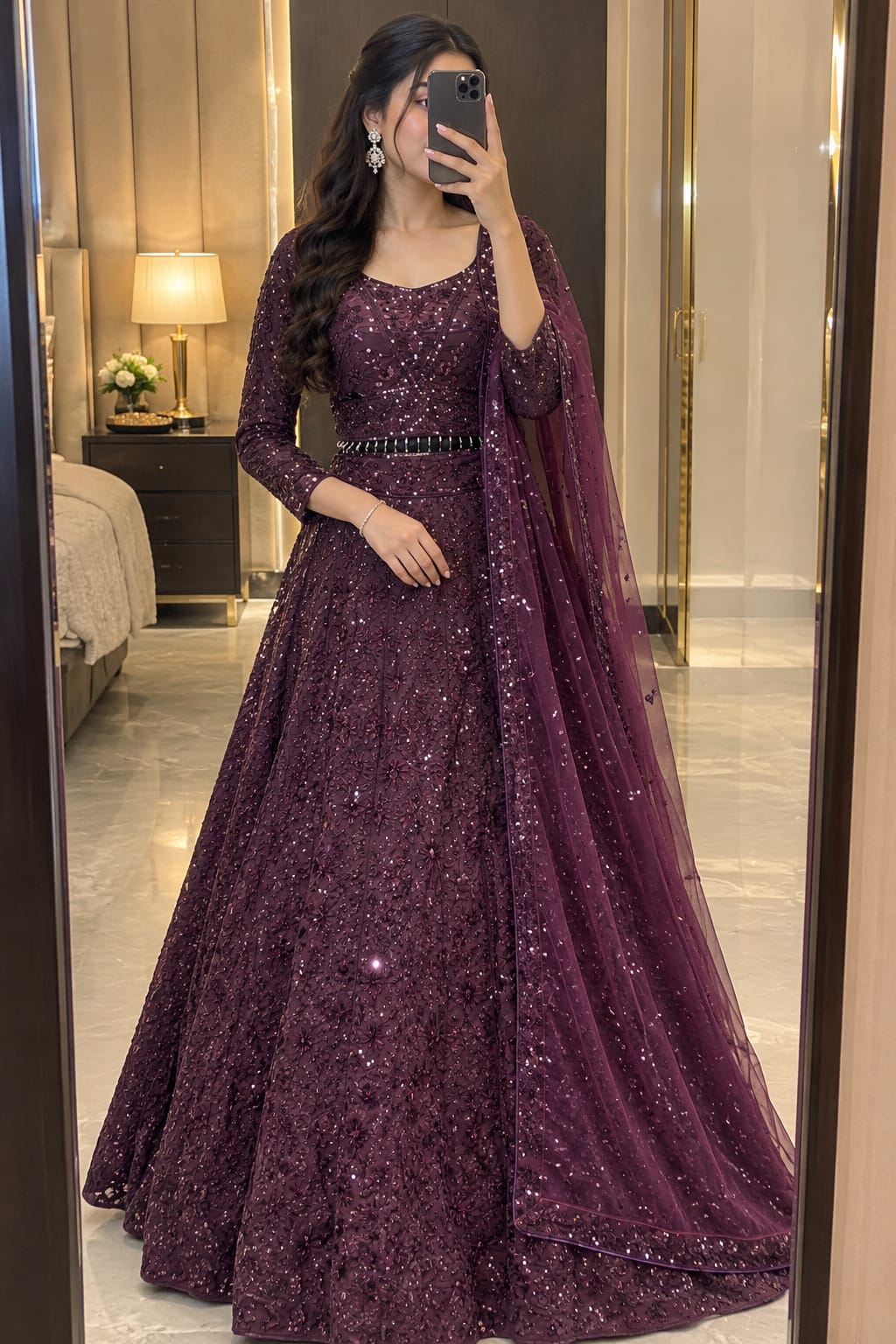 Deep Purple Heavy Sequins & Dori Embroidered Premium Kasturi Silk Bridal Lehenga Choli Set