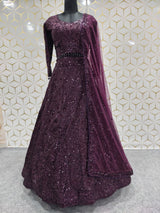 Deep Purple Heavy Sequins & Dori Embroidered Premium Kasturi Silk Bridal Lehenga Choli Set