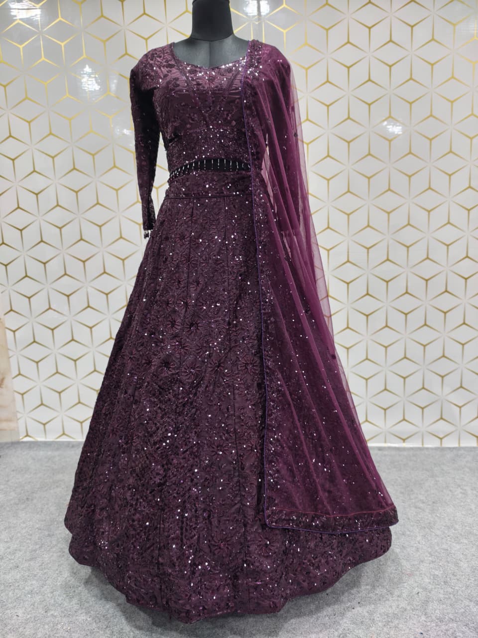 Deep Purple Heavy Sequins & Dori Embroidered Premium Kasturi Silk Bridal Lehenga Choli Set