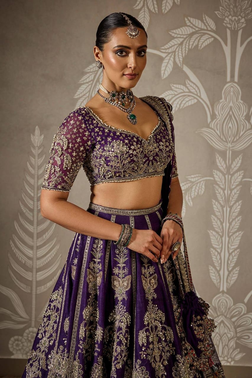 Royal Purple Heavy Sequins & Zari Embroidered Premium Faux Georgette Designer Bridal Lehenga Choli