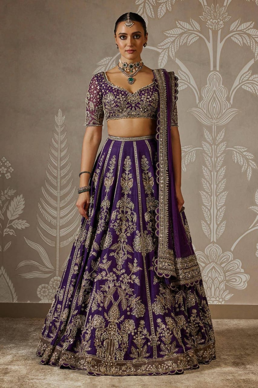 Royal Purple Heavy Sequins & Zari Embroidered Premium Faux Georgette Designer Bridal Lehenga Choli