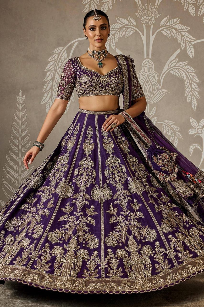 Royal Purple Heavy Sequins & Zari Embroidered Premium Faux Georgette Designer Bridal Lehenga Choli