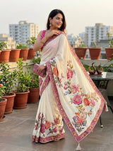 Off-White Floral & Butterfly Printed Chinon Saree with Sequins, Real Mirror Work & Tassels