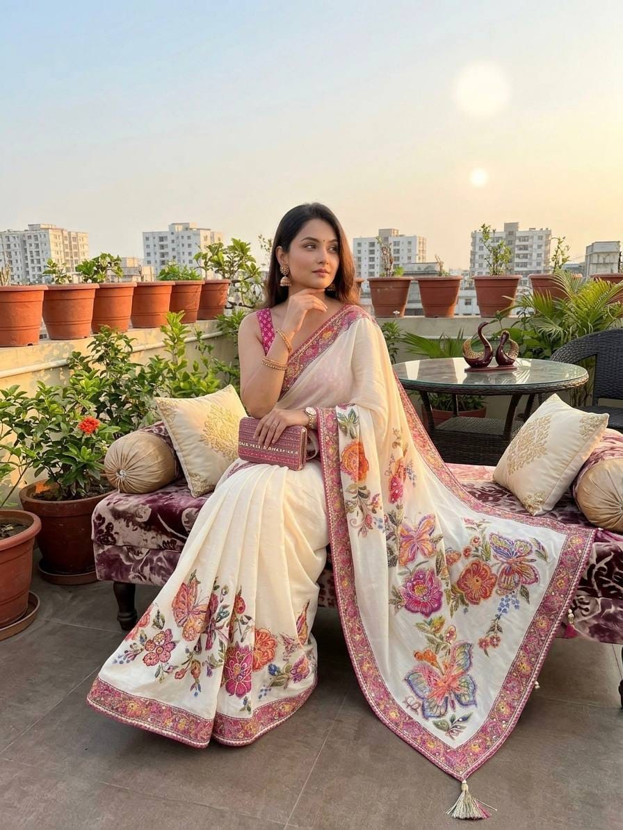 Off-White Floral & Butterfly Printed Chinon Saree with Sequins, Real Mirror Work & Tassels