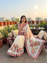 Off-White Floral & Butterfly Printed Chinon Saree with Sequins, Real Mirror Work & Tassels