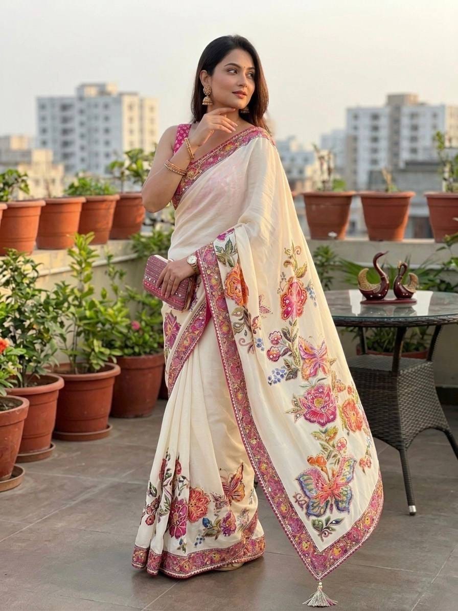 Off-White Floral & Butterfly Printed Chinon Saree with Sequins, Real Mirror Work & Tassels