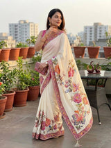 Off-White Floral & Butterfly Printed Chinon Saree with Sequins, Real Mirror Work & Tassels